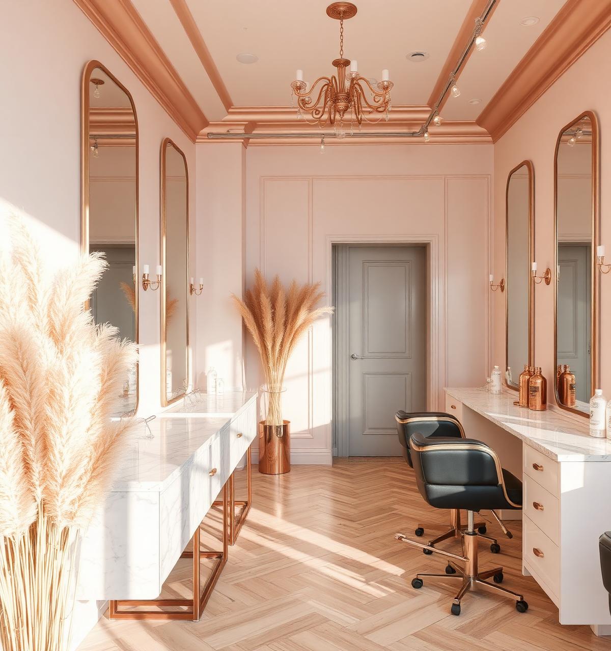 Modernes Saloninterieur mit Rosé-Gold-Details